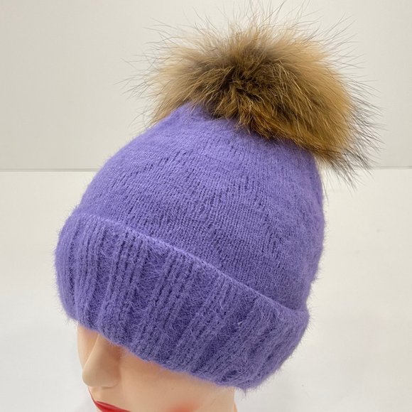 Knit Beanie Hat with Real Fox Fur Pom - Picture 1 of 1